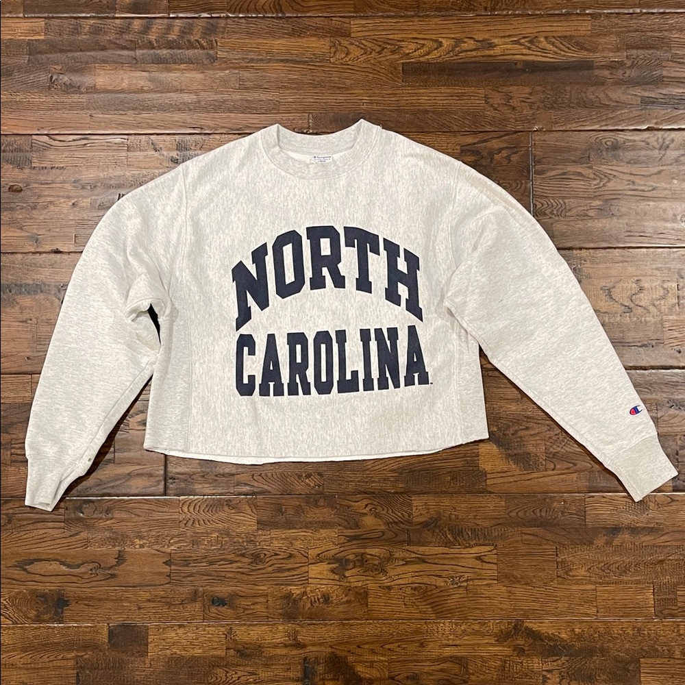 Champion Gray & Navy North Carolina Cropped Raw Hem Sweatshirt